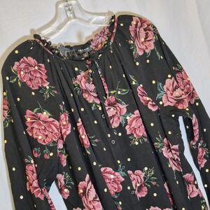 Torrid Peasant Blouse 2X Black Pink Rose Floral Gold Polka Dot  Boho Top size 1